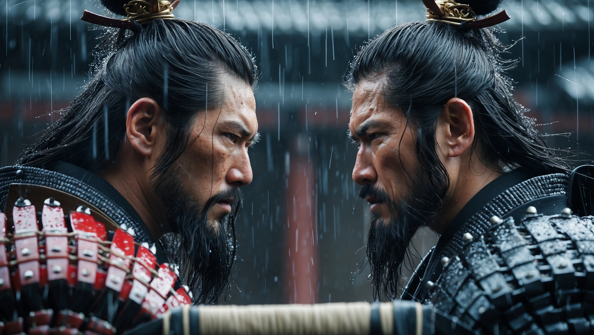 A cinematic scane of a two japan samurai face to face ready to fight during rain, deph composition, tense atmosphere, shot by arri alexa emoji