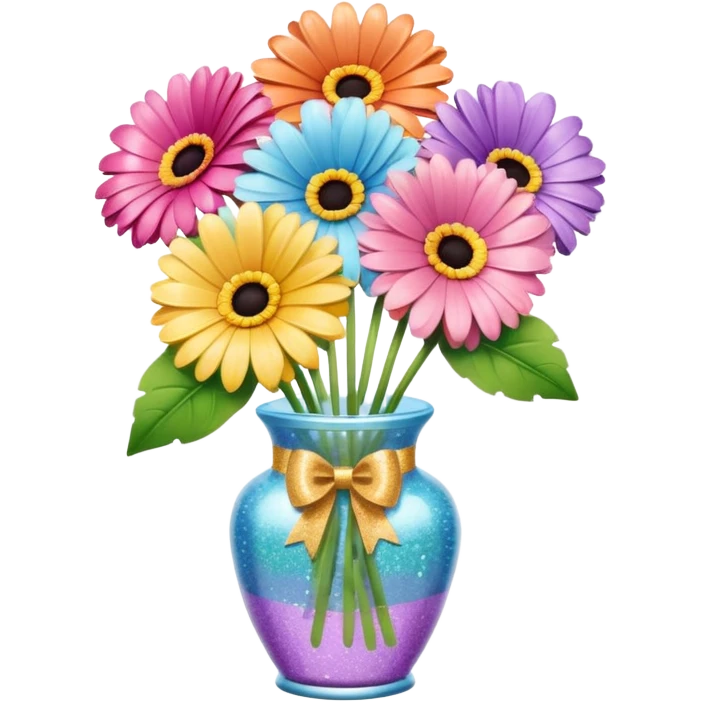 Various pastels Gerbera In a vase with glitter bow  emoji