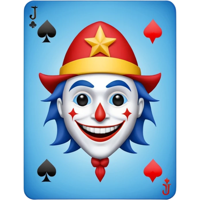 1 poker card, perfectly squared card, with crazy colorful human jolly joker inside, star symbol with a "J" emoji