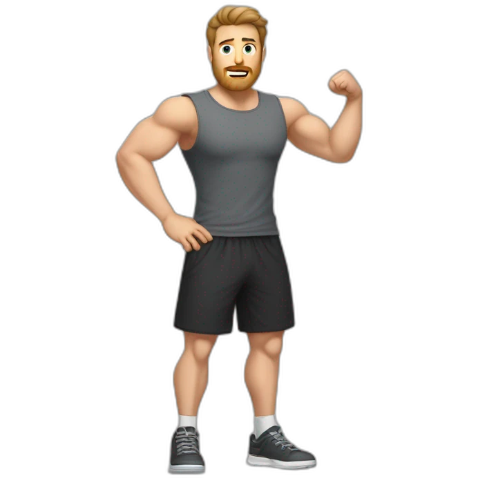 Full height Actively gesturing  with hands Pale skinned Fit Man With the biceps and brown hair in dark gray Sleeveless Mike, black oversize sports shorts, watch and white Sneakers emoji