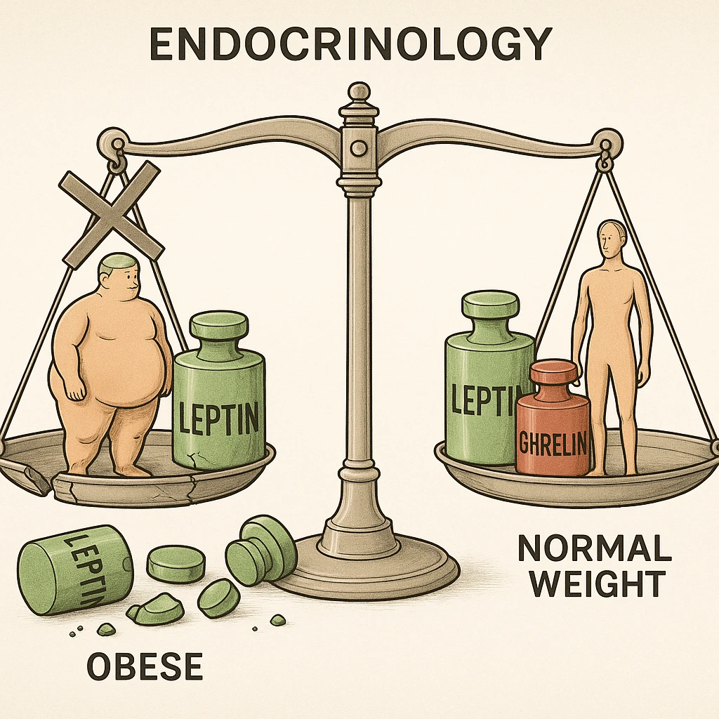 endocrinology diagram of a balance scale with leptin in green and ghrelin in red; obese side with excess leptin, scale blocked, broken leptin weights on the ground; normal weight side with perfect balance between leptin and ghrelin; medical style, detailed, 4K resolution emoji