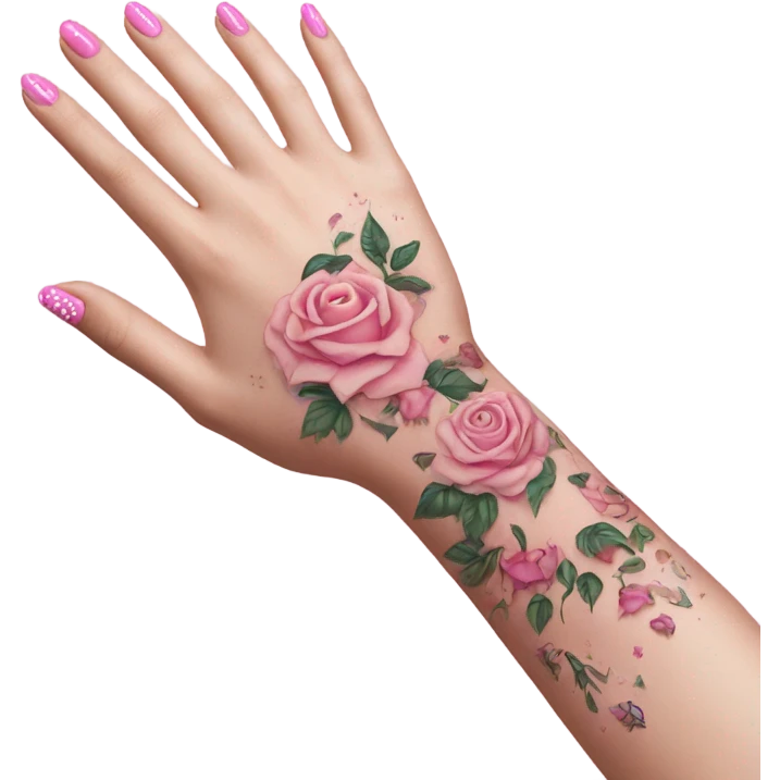 White girl arm with pink nails and tattoos emoji