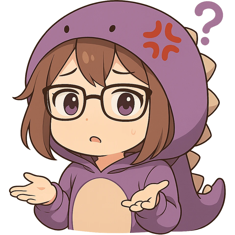 Chibi anime style gamer girl with glasses, brown hair, dark purple eyes, wearing a purple dinosaur costume, making a confused emote, no controller, same style as reference, no background. emoji