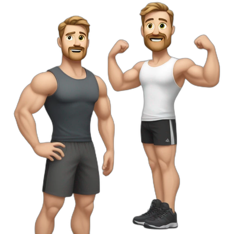 Full height realistic Actively gesturing with hands Pale skinned Fit Man With the biceps and brown hair in dark gray Sleeveless Mike, black oversize sports shorts, watch and white Sneakers emoji