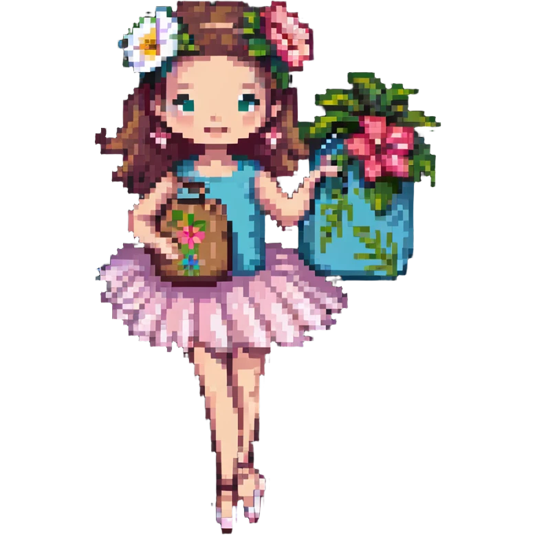 girl with a Hawaiian flower in her hair, wearing ballet heels, doing ballet with a bag emoji