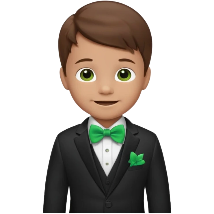 baby boy, brown hair in suit, with green bow, smile emoji