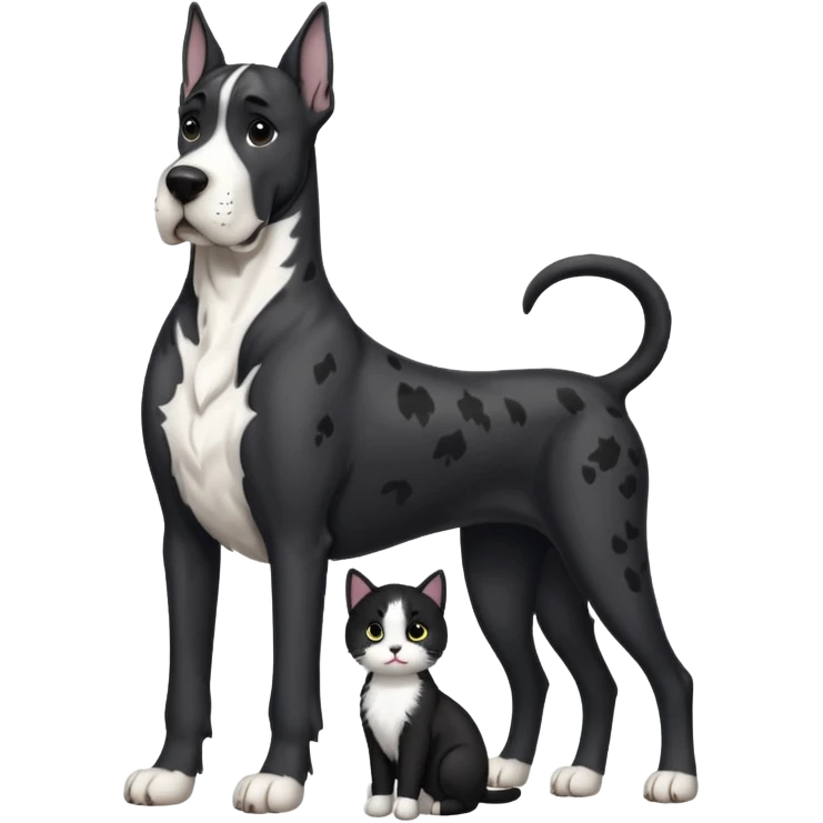 Large Black and white great dane dog sitting with a small black and white cat emoji