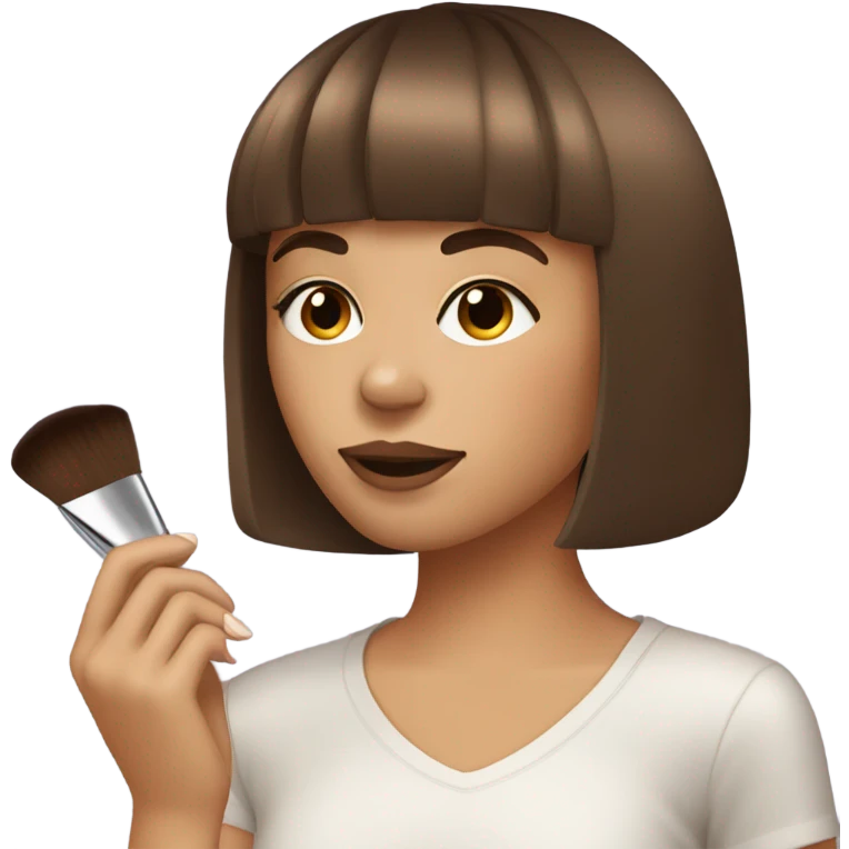 A girl with brown hair with bangs at the side of her face doing makeup emoji