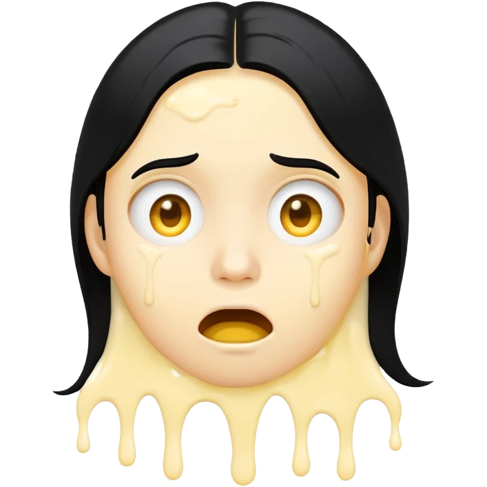 simple emoji, surprised face, classic yellow circular genderless emoji, 😮, long black hair, BREAK. goopy white liquid dripping from cheeks, goopy white cream on lips, goopy white cream in mouth emoji