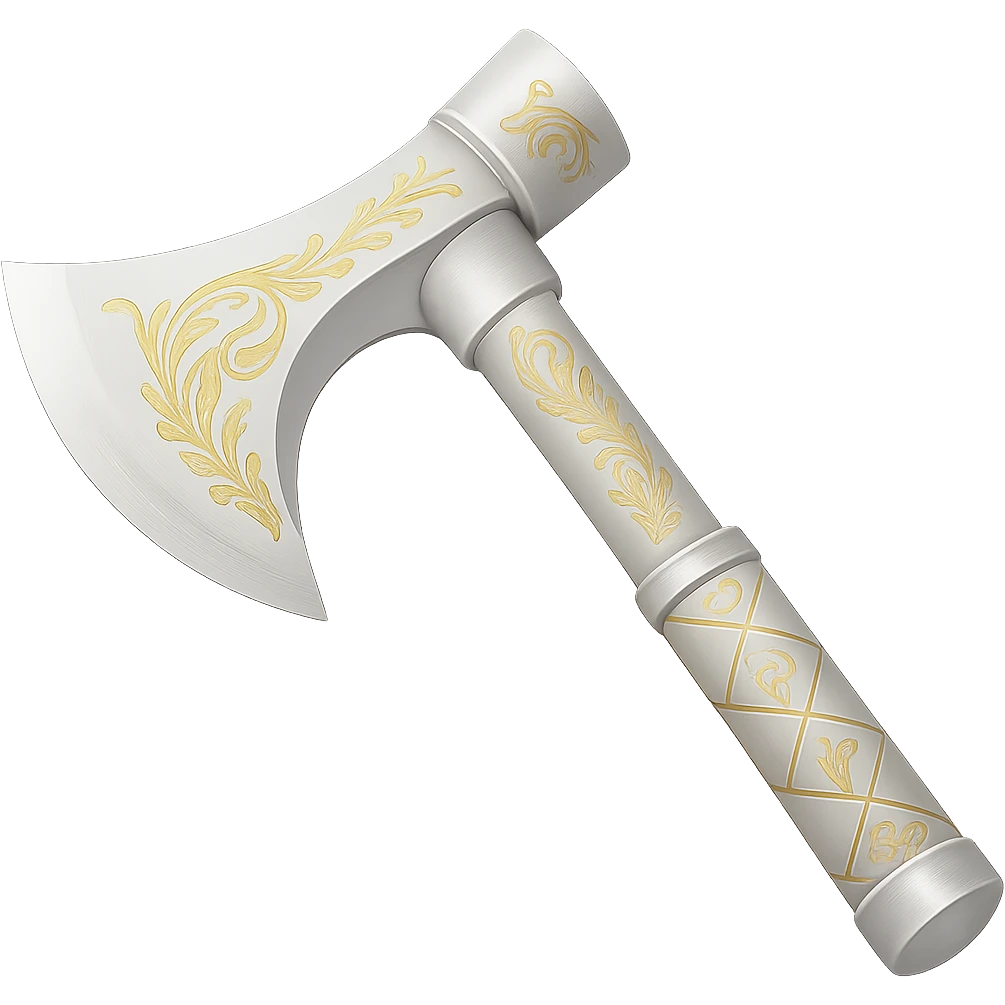 Recolor this weapon to a very light metallic silver color with subtle, elegant gold engravings, matching the gold tone and style of the provided silver shield reference. The gold should be soft and not too yellow or green. Transparent background. emoji