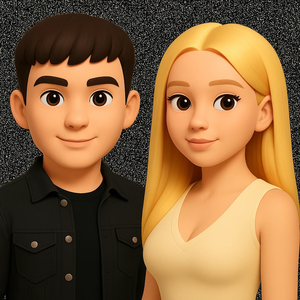 Slightly increase the volume of the upper body of the girl, separate the girl and the boy from each other, and make the skin color the same for both characters. Maintain the cartoonish 3D style in the appearance. emoji