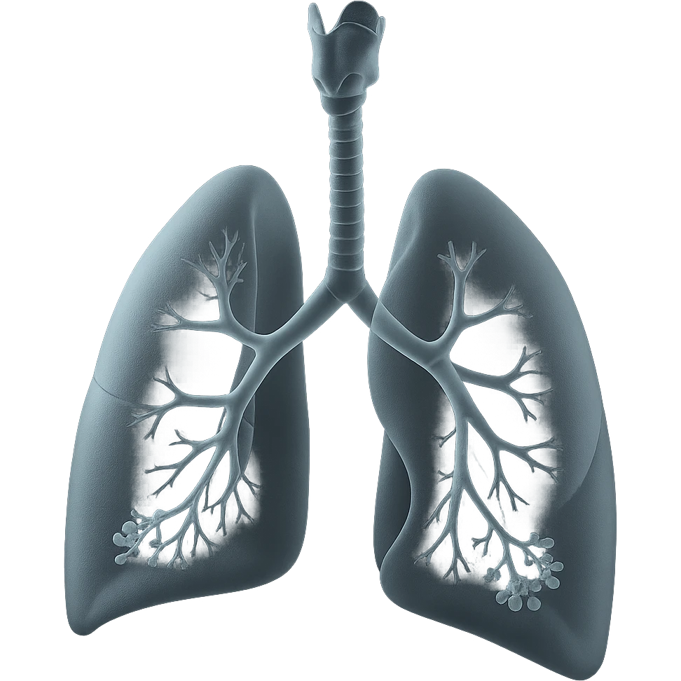 Expand the human respiratory system illustration in matte glass style to include more anatomical features: nasal cavity, pharynx, larynx, trachea, bronchi, bronchioles, alveoli, and both lungs. Maintain the translucent, frosted glass effect, keeping the illustration clean and educational. emoji