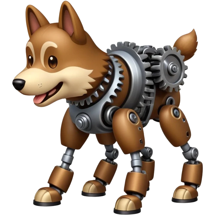 dog with friendly face and fur on top, mechanical legs and lower body with visible gears and metal, emoji style emoji