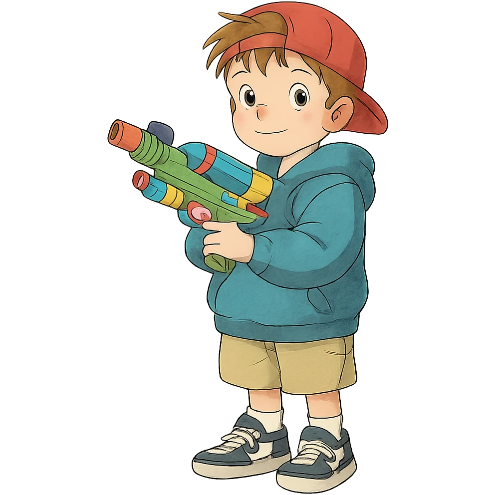 ghibli style little white kid in streetwear, holding a colorful toy gun, whimsical emoji