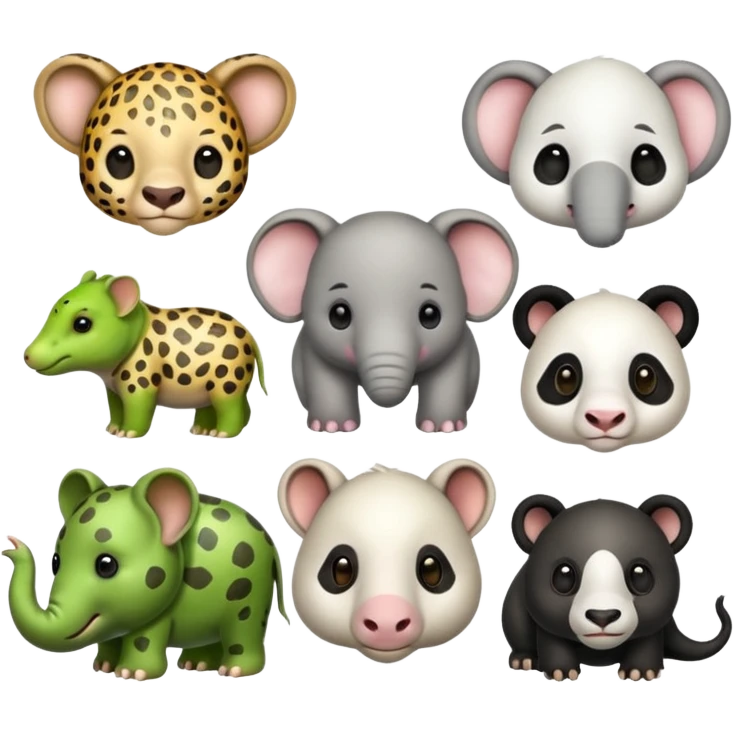 leopard, elephant, frog, goat, panda, and koala all together emoji
