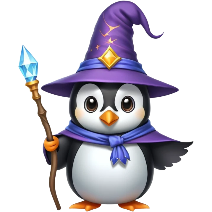 penguin dressed as a wizard with magic wand and wizard hat emoji
