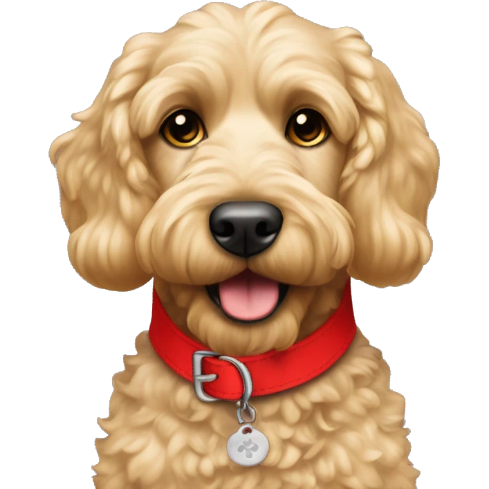 Blonde cockapoo with red collar saying Oscar emoji