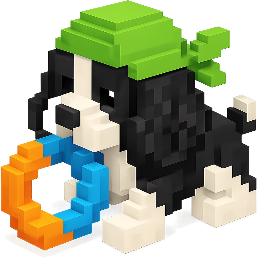 A black and white Russian Cocker Spaniel puppy wearing a green durag, voxel style, playing with a toy emoji