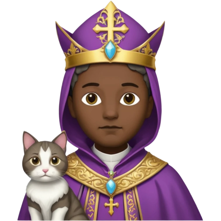 “Half-body humanoid figure with a realistic cat face, wearing ornate bishop robes and a mitre, dark gothic background, dramatic lighting, emoji