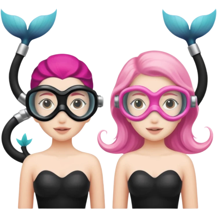 2 Mermaids one wearing a light pink snorkel mask and the other wearing black snorkel mask emoji