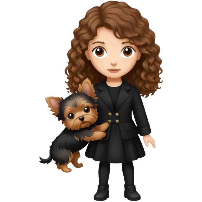 A girl with long brown curly hair in black clothes holds a little Yorkshire terrier emoji