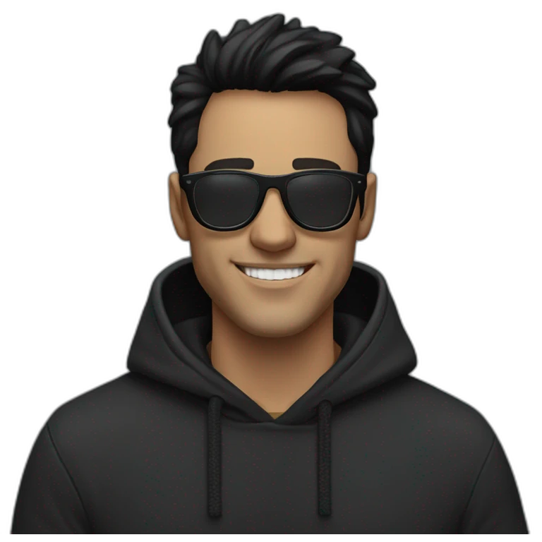 White man smile in face with black tinted glasses and black hair in a black hoodie with black hair  emoji