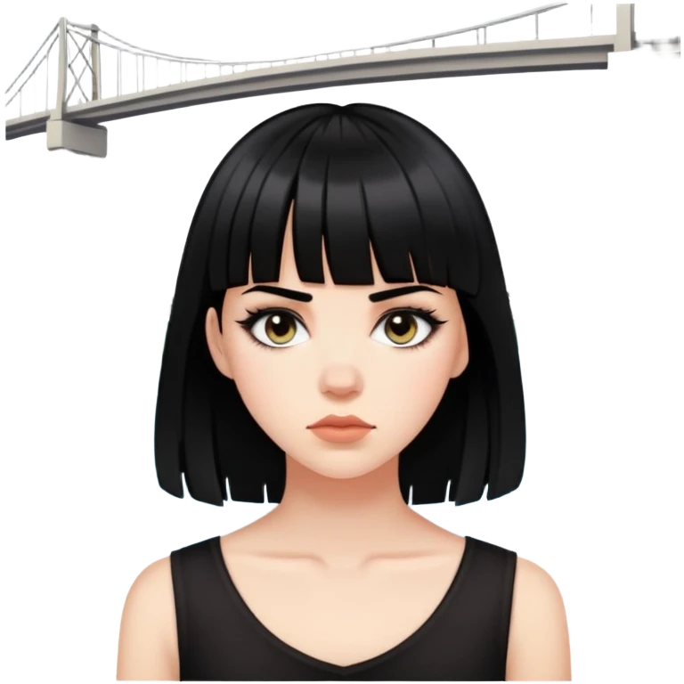 Menina branca com cabelo médio e preto, com uma franja um pouco acima da sobrancelha e um piercing bridge emoji