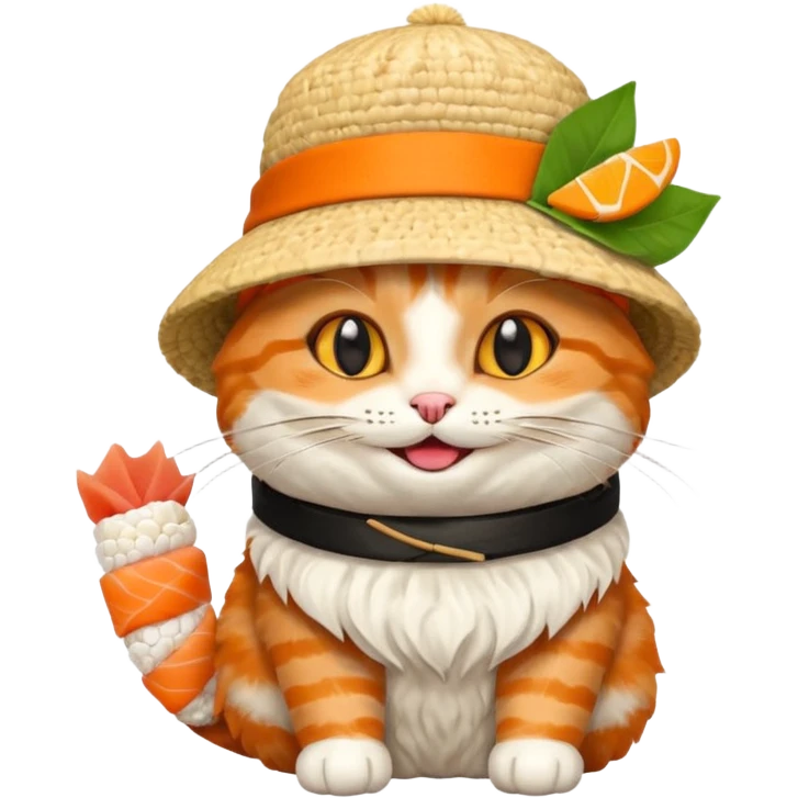 happy cat wearing a hat made out of sushi emoji