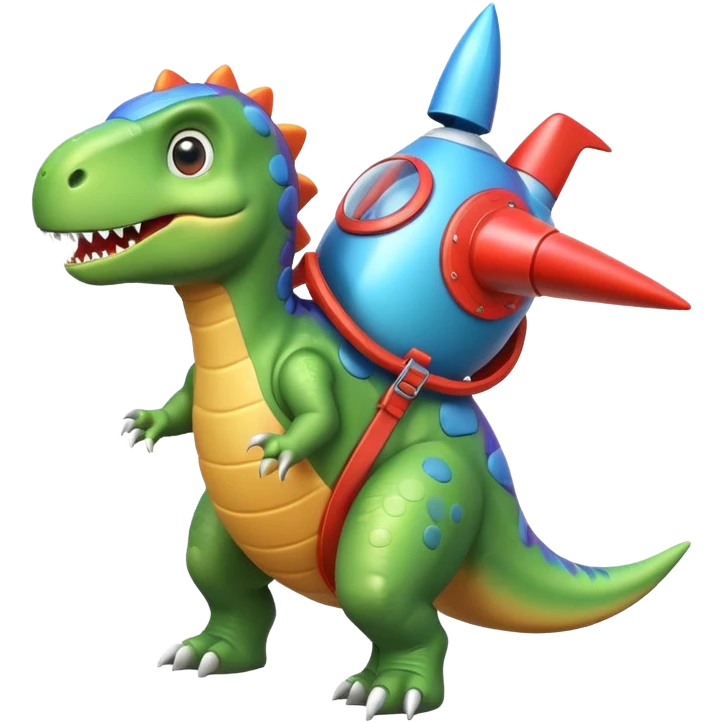 cute toy-like rocket-propelled dinosaur, rounded shapes, glossy texture, colorful rocket backpack, happy expression, 3D cartoon, mobile game icon style, clean background, no text, no watermark
 emoji