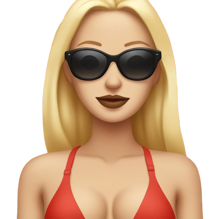 A red and sunburned nordic woman bikini line with blond hair and big black Chanel sunglasses  emoji