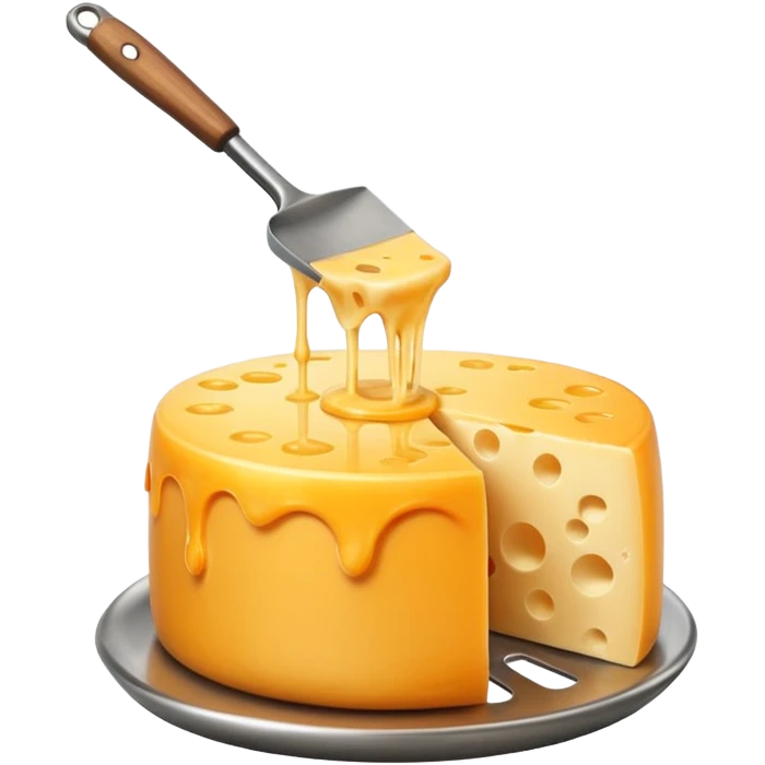 a half vertical  wheel of cheese being scraped with a metal spatula, melted cheese flowing, warm golden colors, modern emoji style, clean outlines, transparent background emoji