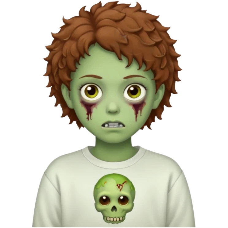  green teen zombie with  brown short curly hair and brown eyes wearing a white sweat emoji