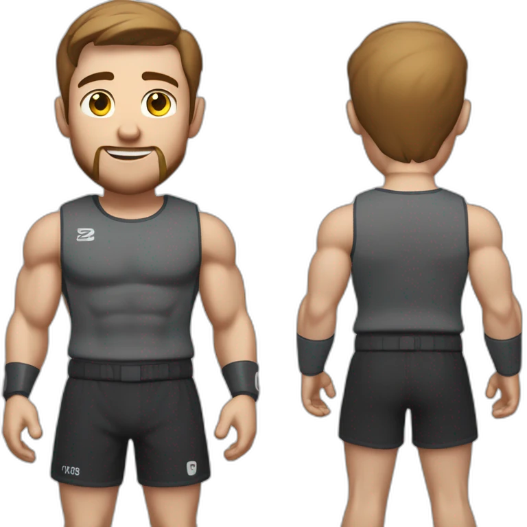 Close up Actively gesturing  with hands Pale skinned Fit Man With the biceps and brown hair in dark gray Sleeveless Mike, black oversize sports shorts, watch and white Sneakers emoji