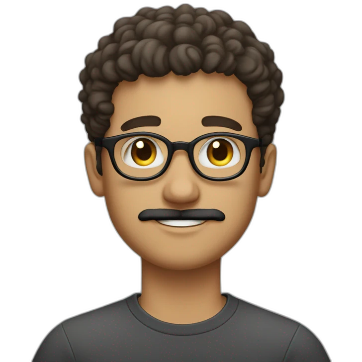 white young man, handlebar black mustache, and oval glasses without frame, and curly short hair emoji