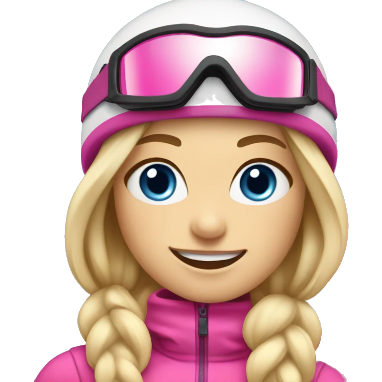 Skier girl with blonde hair blue eyes and pink gear show skis and legs  emoji