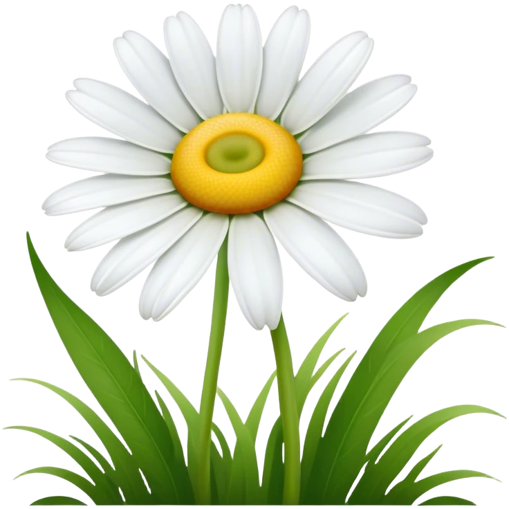 A delicate white daisy with a bright yellow center, standing gracefully in a green meadow. Its petals are fresh and slightly curved, gently swaying in the breeze under the warm sunlight, creating a serene and peaceful atmosphere emoji