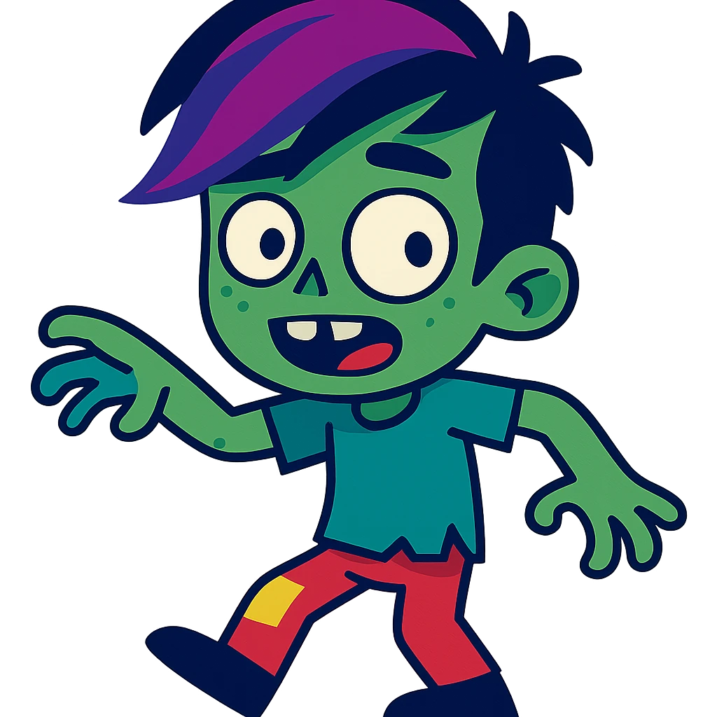 zombie boy with purple streaked emo hair, quirky, fun emoji