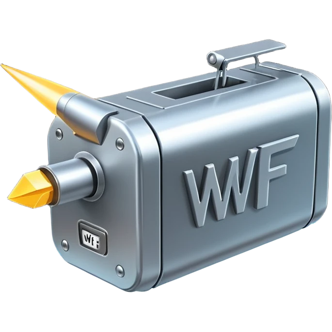 Futuristic spaceship shooting down a beam down with a small a metal box with the letters “WF” large and boldly glowing on the side  emoji
