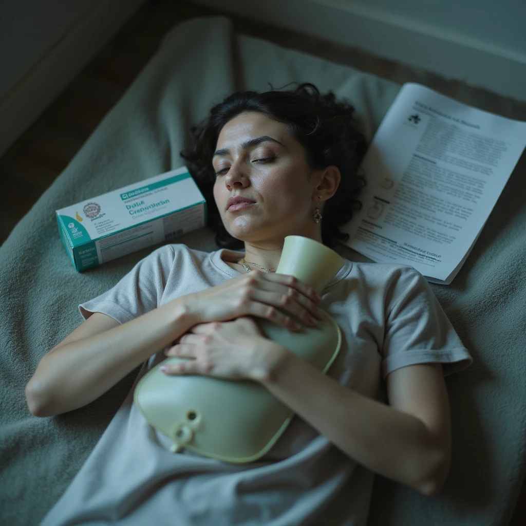 hyperrealistic 4K image of a woman lying on a bathroom mat, hugging a hot water bottle, medical reports with 'Crohn' and biologic drug box next to her, vacant look, very pale skin and signs of fatigue emoji