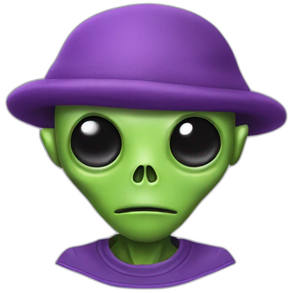 a small green alien with one eye. He wears a purple cap and a purple shirt with a skull on it. He has two small antennas protruding from his head. emoji