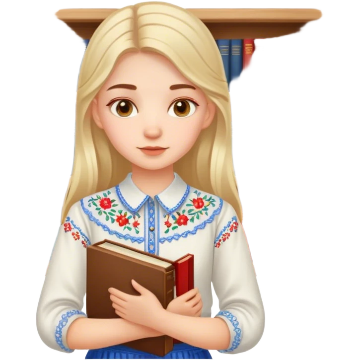 A Ukrainian girl in an embroidered shirt holds many books emoji