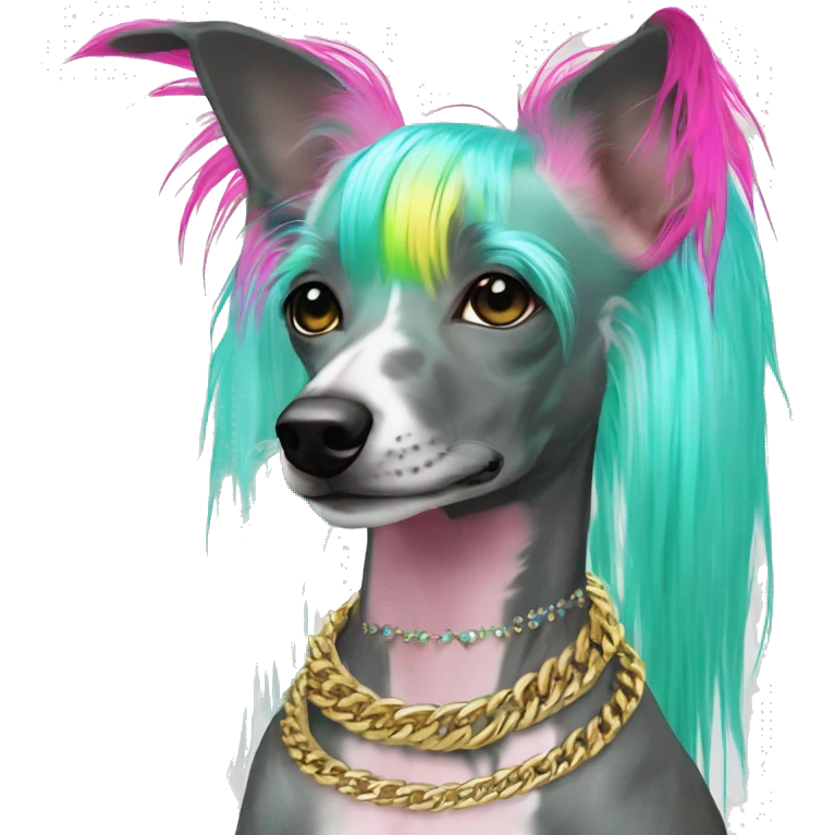 Punk Chinese crested dog neon rainbow cyan green pink hair gold chain punk piercings tattoos punk ear piercings emoji