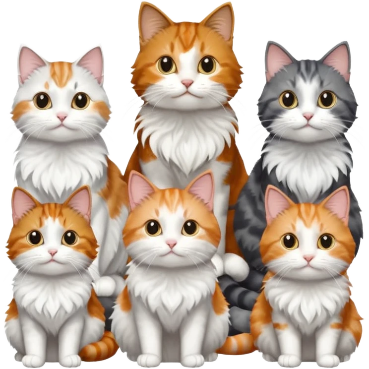 6 cats with different coloured coats, 2 are grey and white, 1 is grey with a little white, 1 calico, 1 brown tabby and white and one ginger and white emoji
