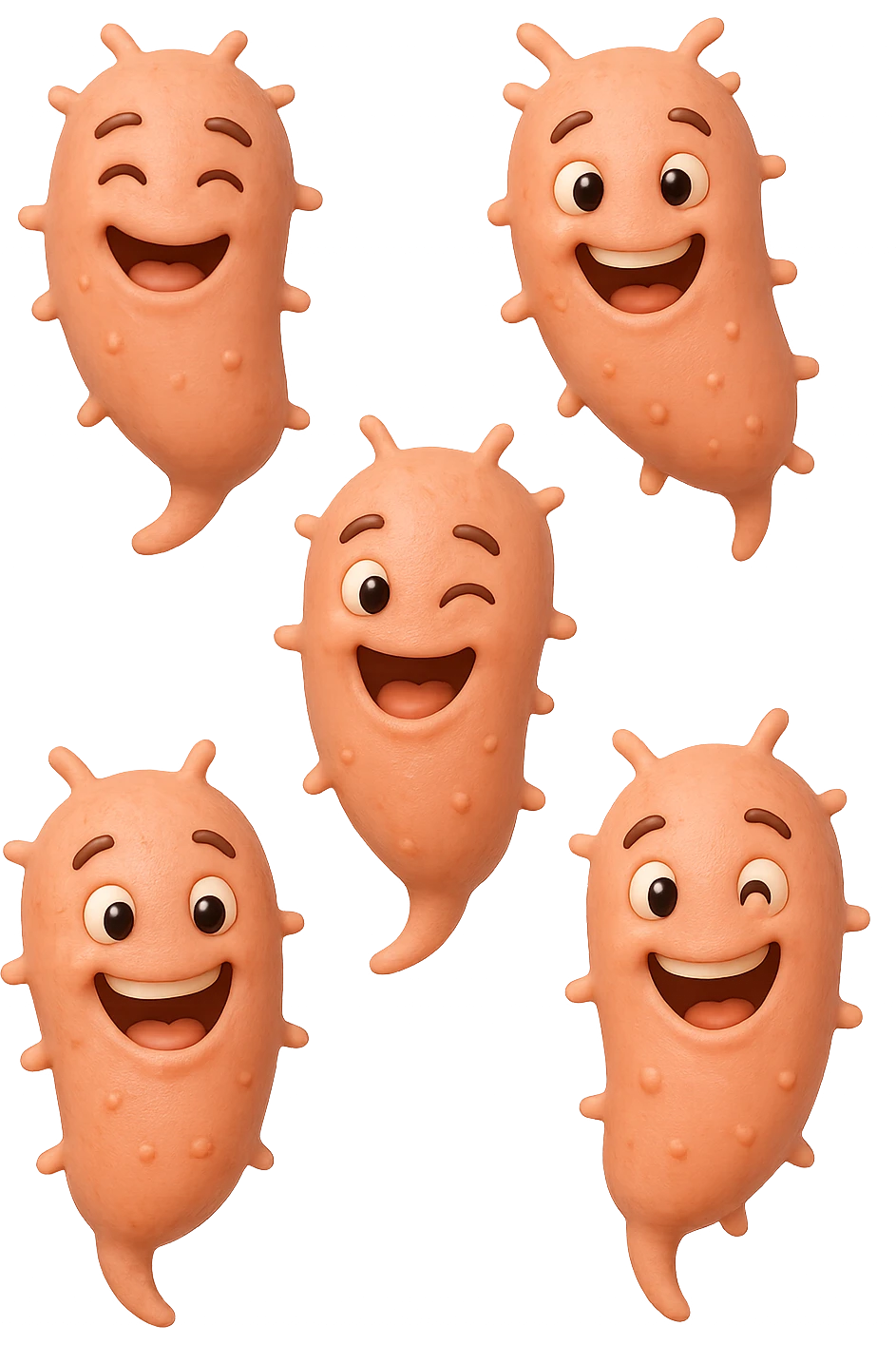 EMOJI STILE IPHONE DI 6 BATTERI INTESTINALI ROSA SALMONE FELICI CHE FLUTTUANO IN ARIA, IPERREALISTICO 4K emoji