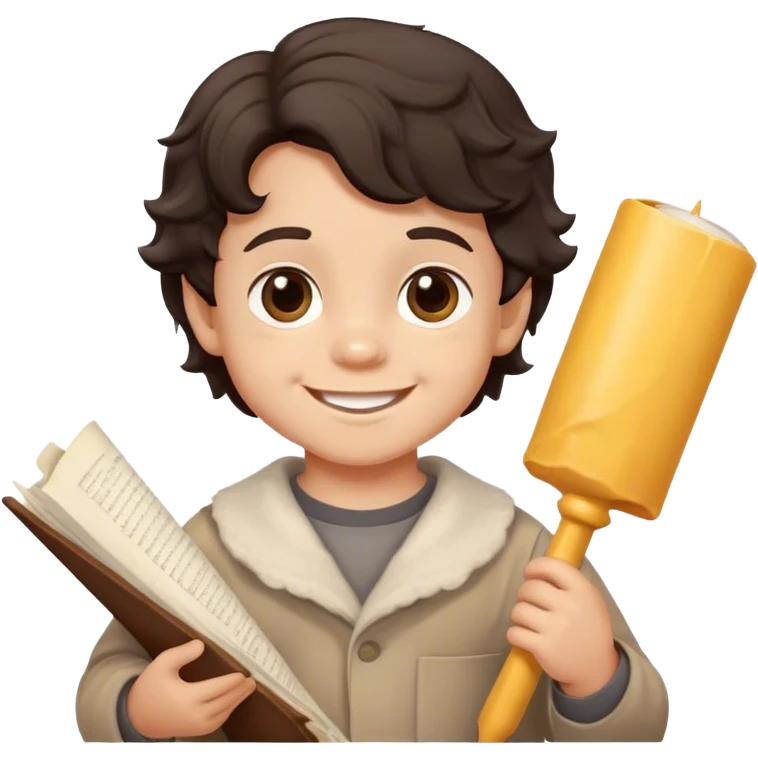 smiled Toddler boy with wavy dark hair and brown eyes with a parchement emoji