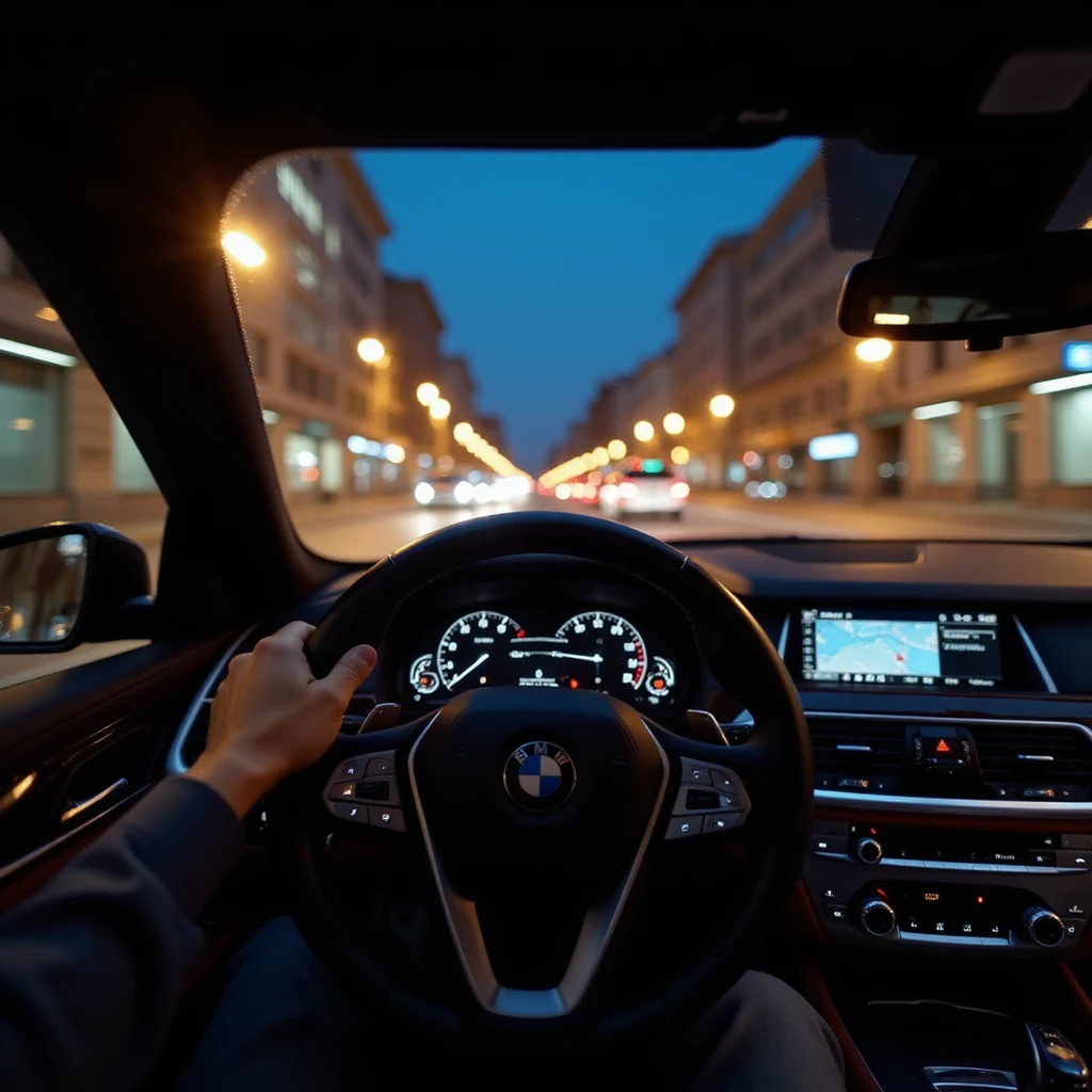 BMW Series 7 2024, realistic first-person view from behind the steering wheel, left hand on wheel, night driving in Bucharest, city lights, motion blur, photorealistic emoji