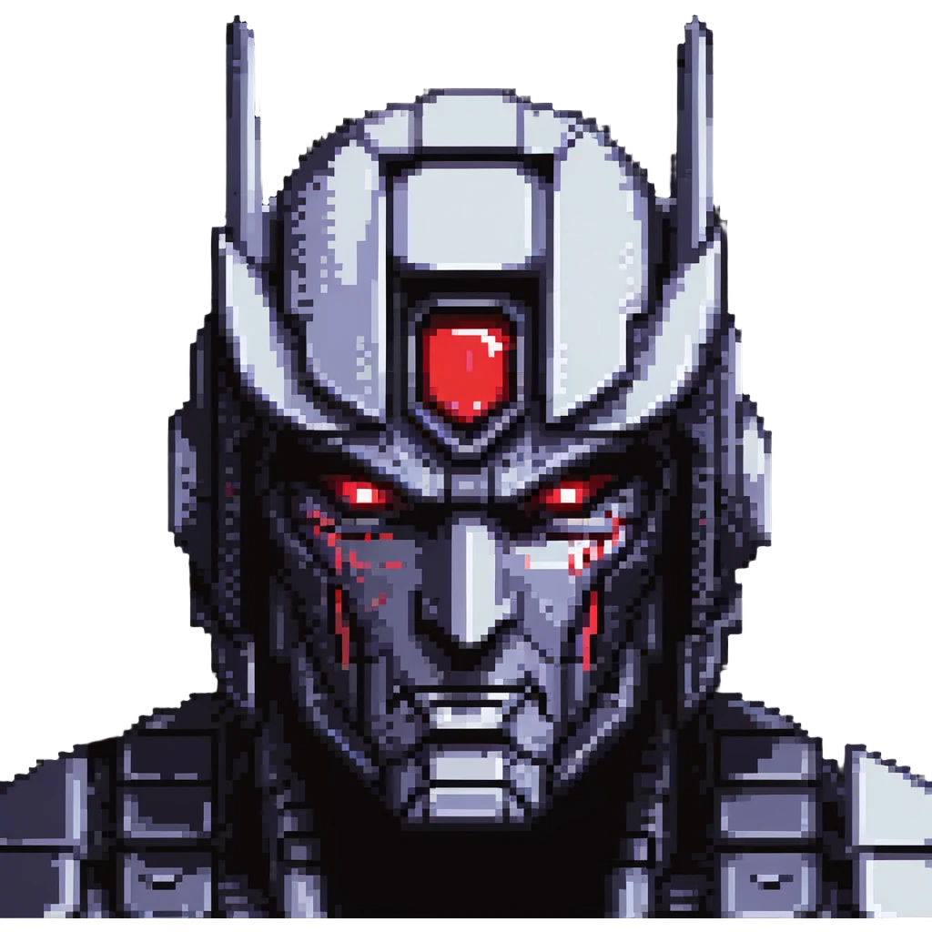 Nemesis Prime close-up face, pixel art, sinister expression, glowing red optics, detailed pixel shading emoji
