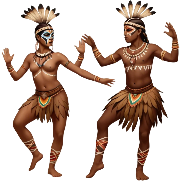 Cinematic Realistic scene of two indigenous dancers performing an Aboriginal Corroboree, adorned in intricate traditional body paint and ceremonial attire, captured in fluid motion with earthy tones and vibrant, cultural lighting emoji