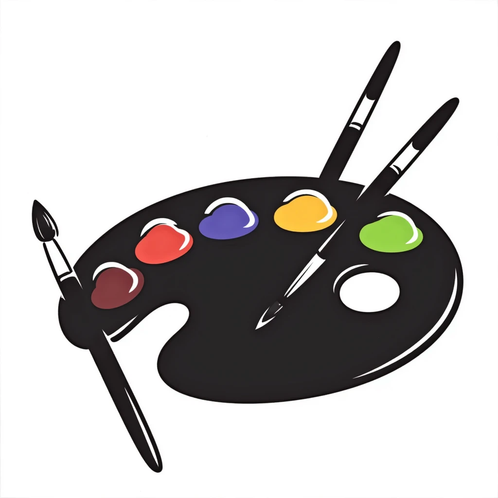 Detailed artist's palette with colorful paint blobs, palette holes, and paintbrushes nearby. Detailed and intricate doodle style. emoji