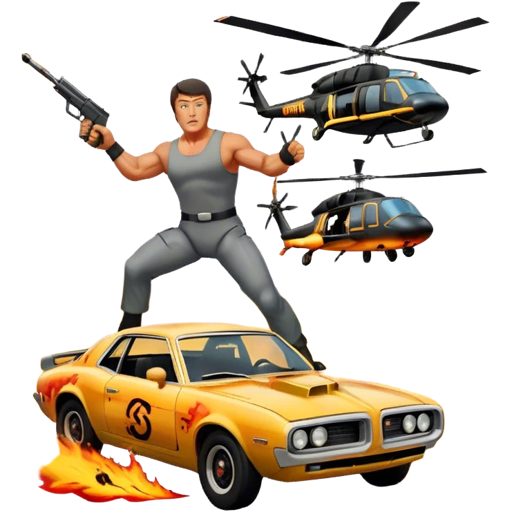 Icon for Action Movie: A vintage movie poster-style design featuring intense action scenes with explosions, weapons, and dramatic poses of Stallone. Include cars and helicopters flying out of flames in the background. Bold typography and retro cinematic style. Transparent background. emoji